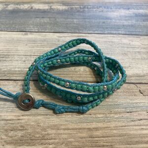 Blue Turquoise‎ Beads Wrap Bracelet 30" Long Cording